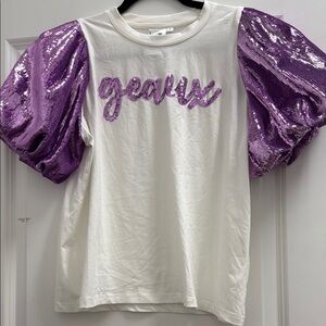 Queen of sparkles white “geaux” top with purple sequined sleeves